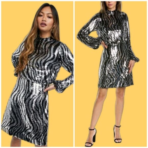 Ted Baker Dresses & Skirts - TED BAKER Sequin Mini Dress Animal Striped Print Mock Neck LS Silver Sz 0-2 / XS